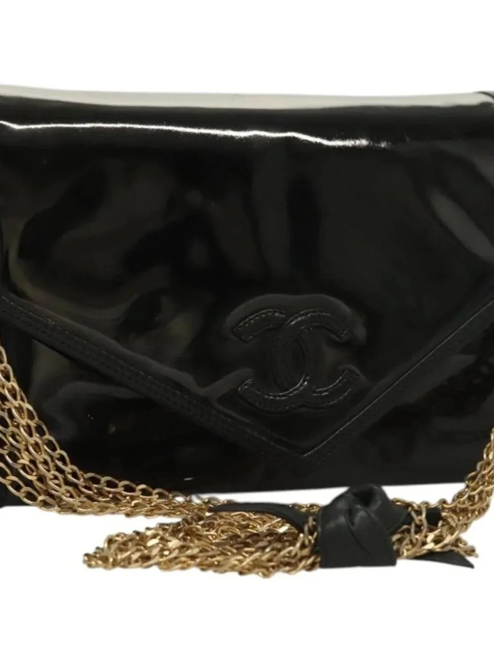CHANEL Chain Shoulder Bag Enamel Black Gold CC Auth bs27175